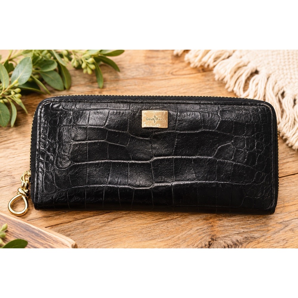 Cole Haan Black Croc Embossed Leather Zip Around Continental Wallet Gold